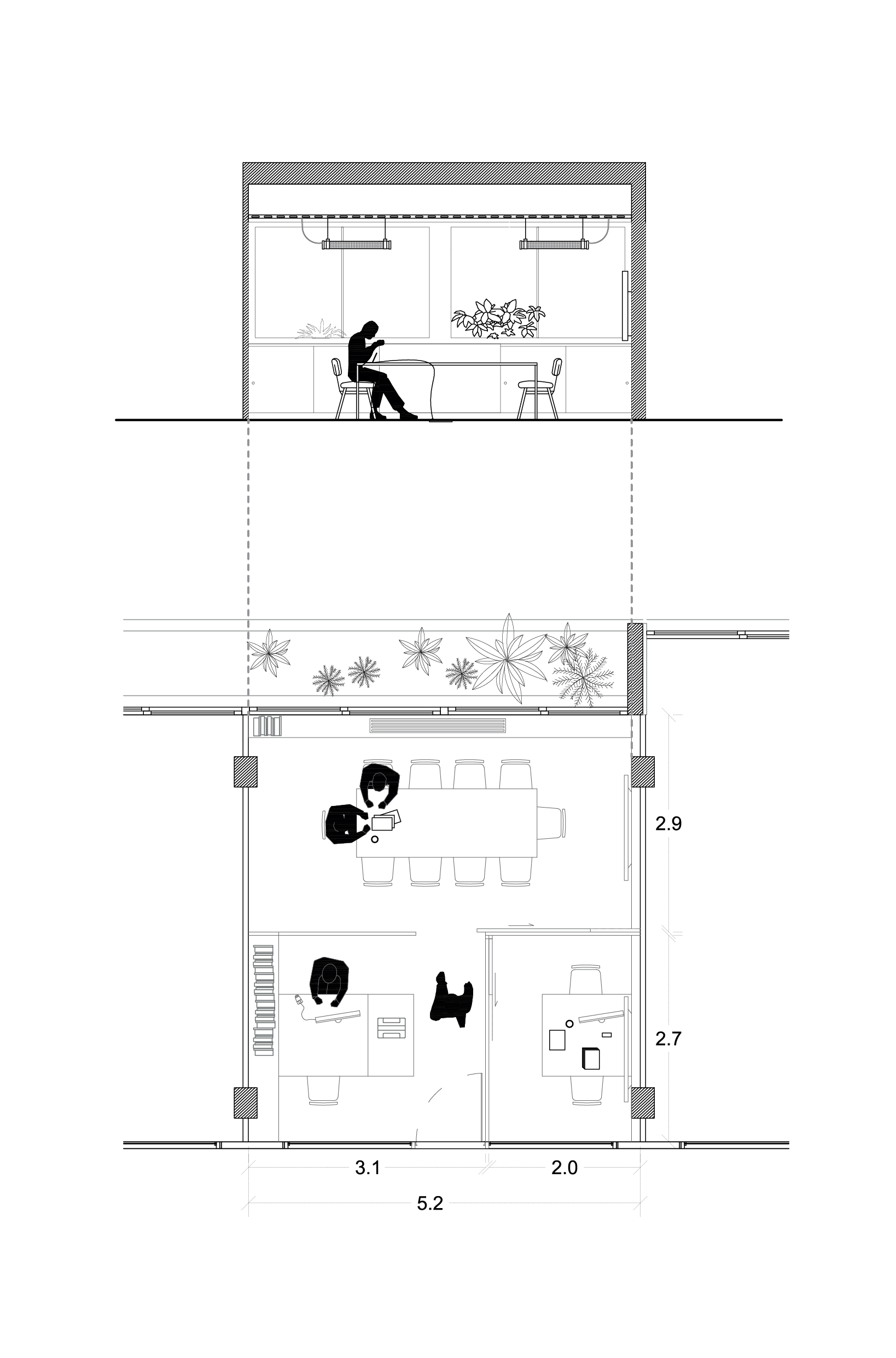 Plan et coupe du bureau 